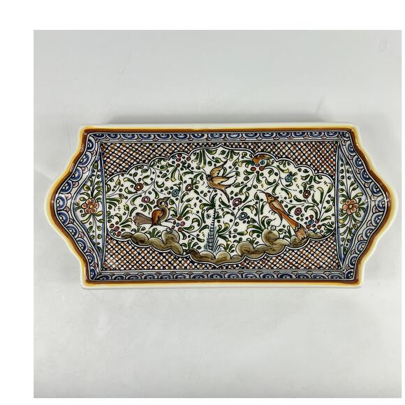 Ceramicas De Coimbra Portugal Hand Painted Rectangular Serving Tray Birds Floral - Picture 1 of 9
